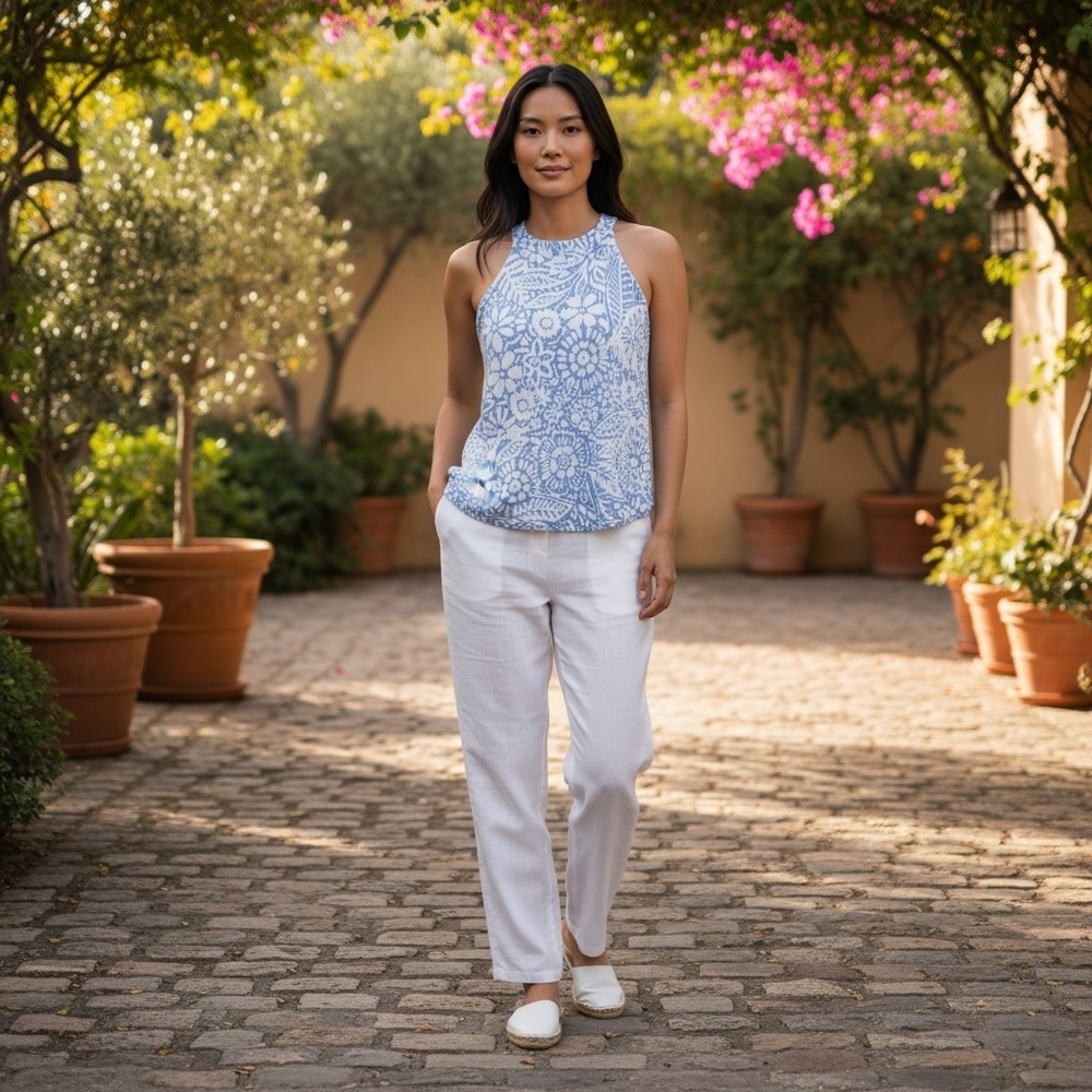 All In Love Elegant Floral Top With Halter Style Neckline in Blue and White